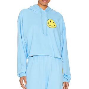 NEW NWT AVIATOR NATION women smiley 2 relaxed cropped pullover hoodie sky in sky